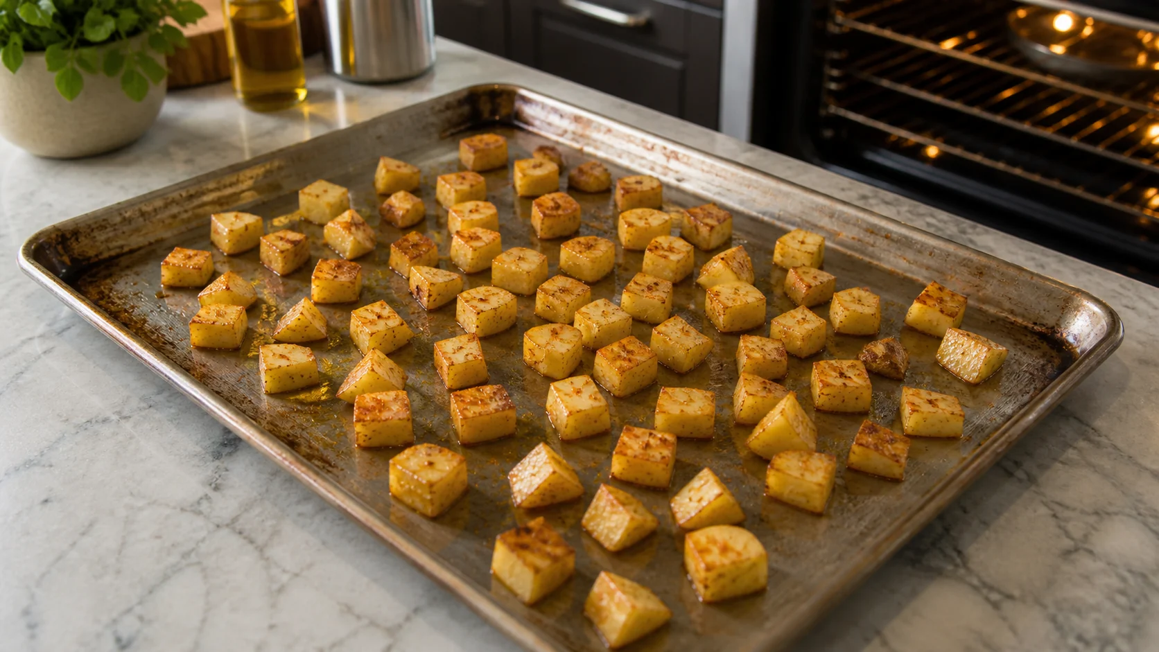 diced potatoes in oven