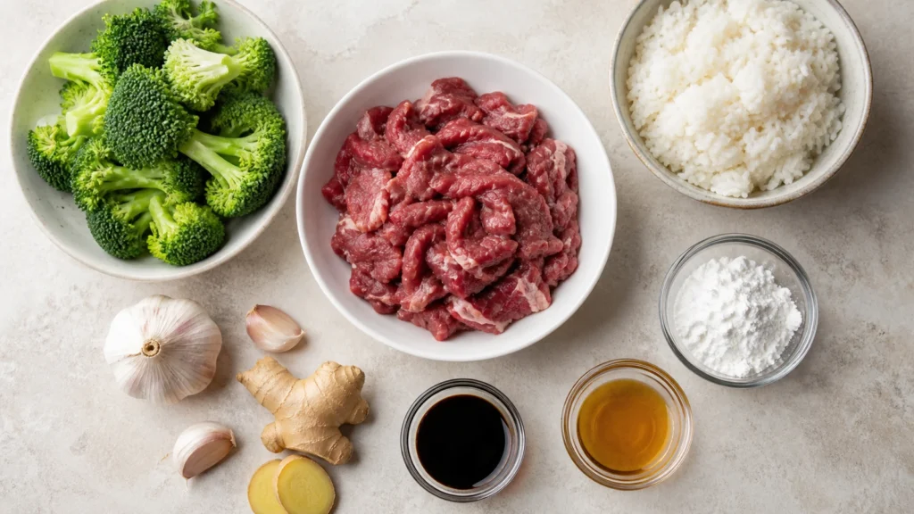 Ingredients for easy beef and broccoli recipe
