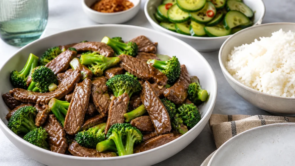 Easy beef and broccoli served with rice and cucumber salad