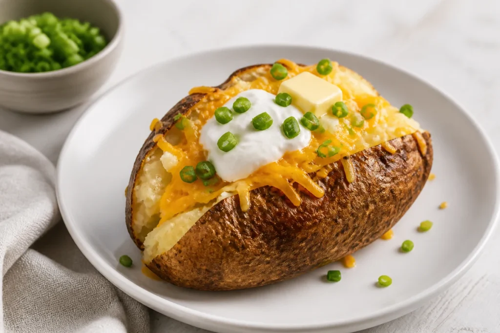 Loaded baked potato served