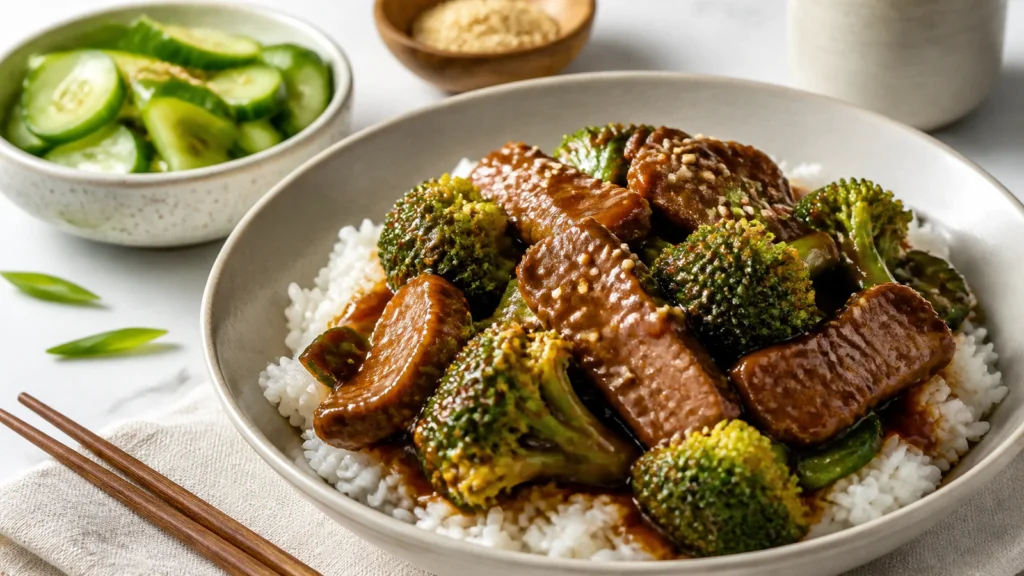 Crock pot beef and broccoli served with jasmine rice