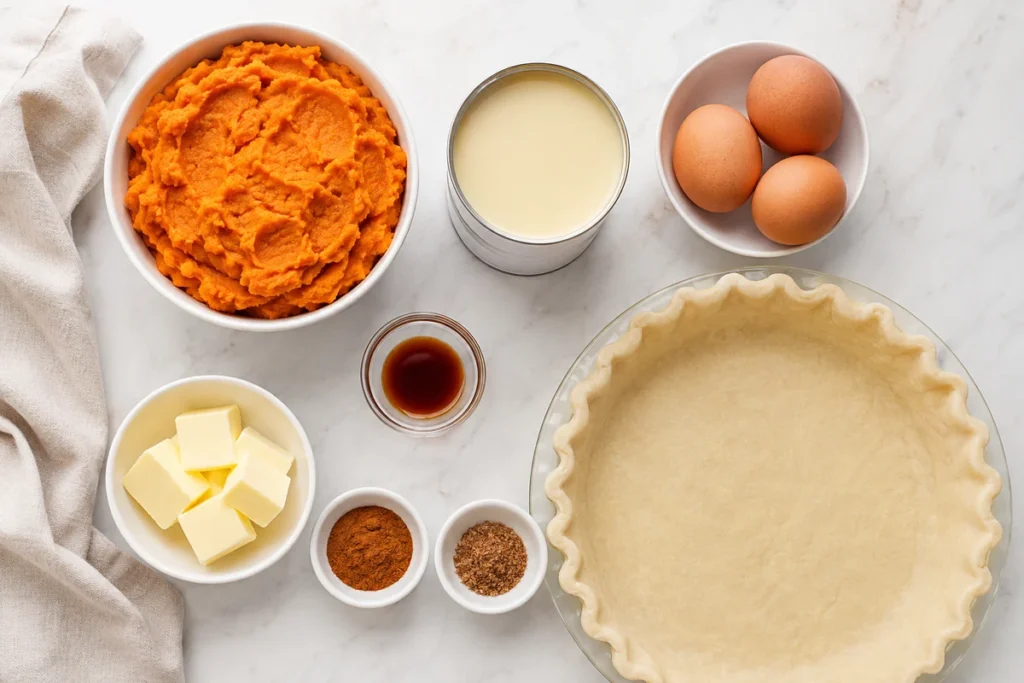 Ingredients for recipe for sweet potato pie using condensed milk
