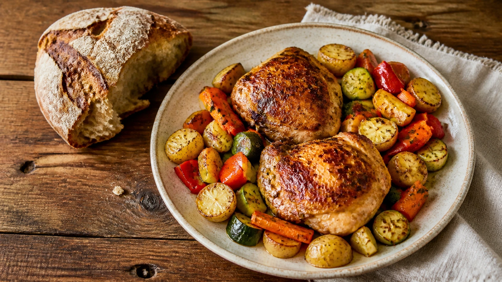 roasted chicken thighs and veggies