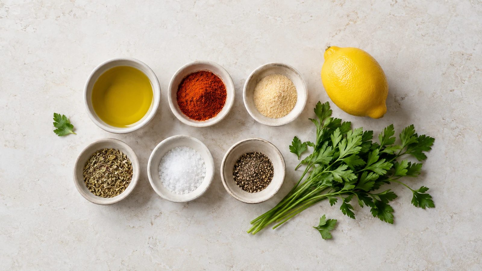 Seasonings, olive oil, lemon, and parsley for air fryer chicken thighs bone in arranged in a bright flat lay.