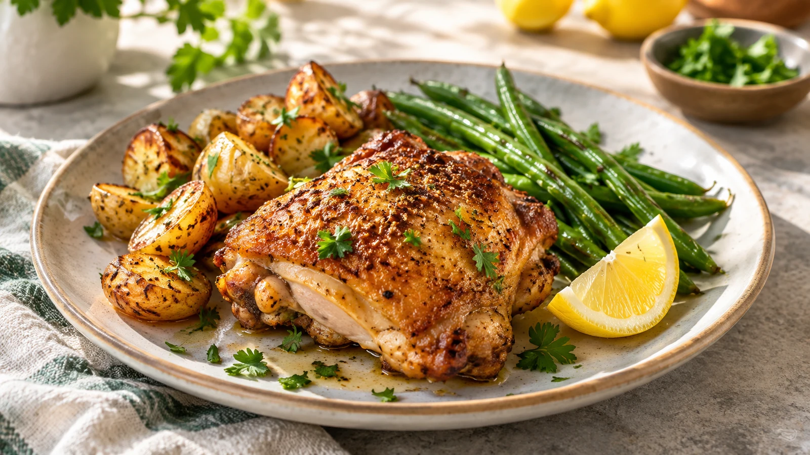 Air fryer chicken thighs bone in served with roasted potatoes, green beans, parsley, and lemon.