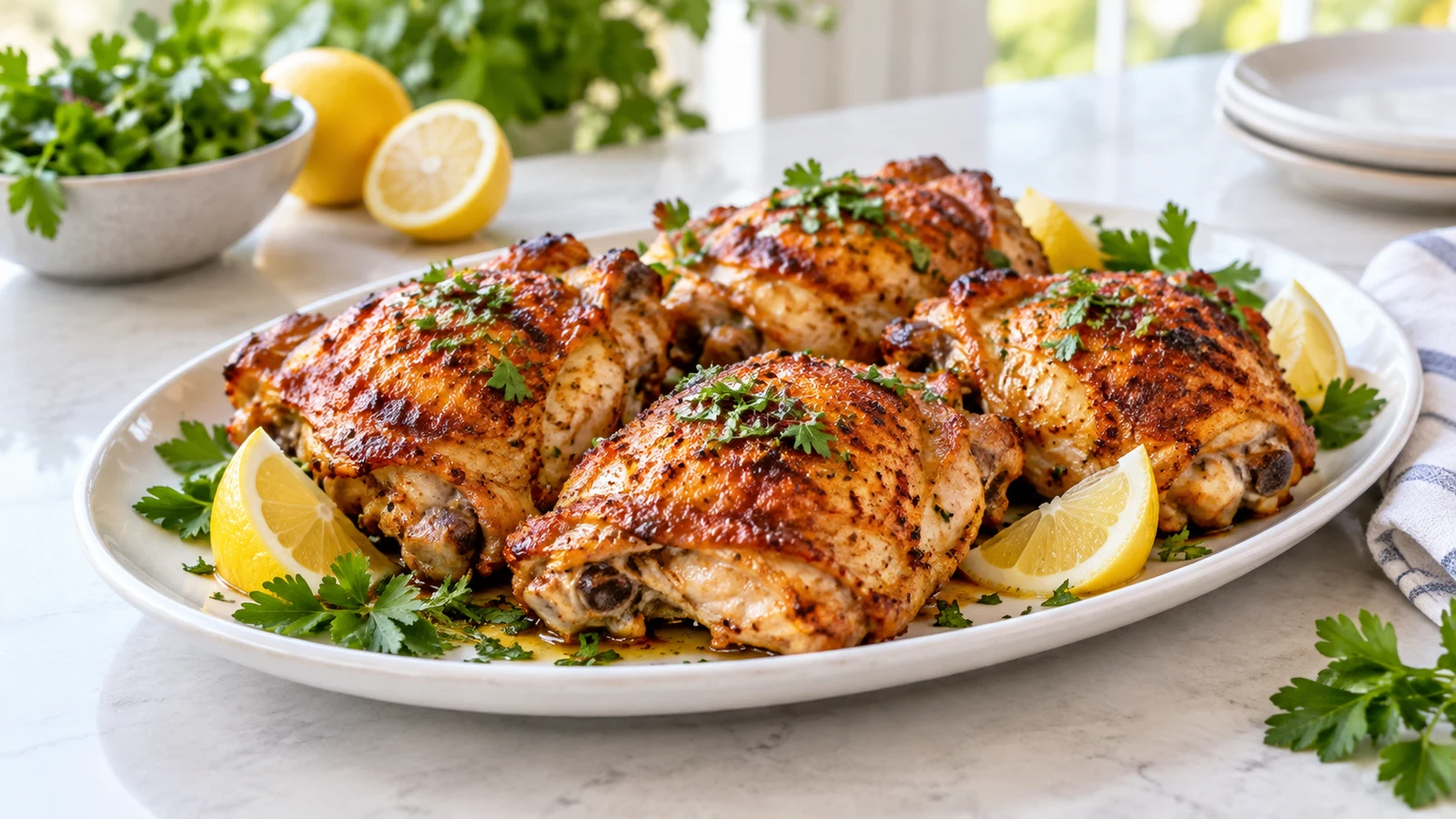 Crispy air fryer chicken thighs bone in with golden skin, parsley, and lemon wedges on a white platter.