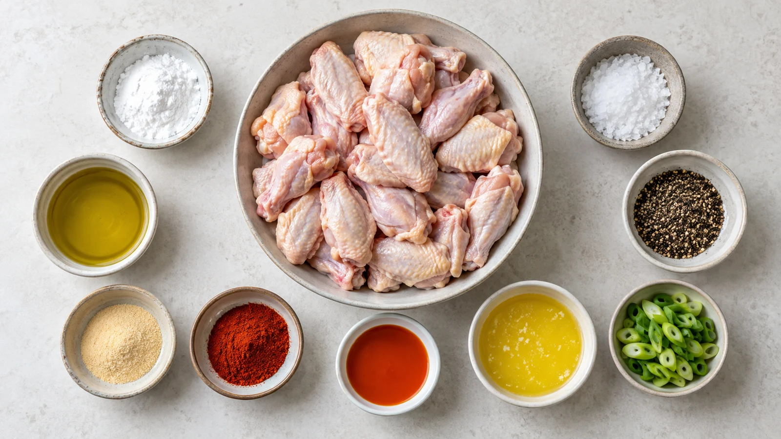 Ingredients for air fryer chicken wings crispy, including wings, baking powder, oil, spices, butter, and hot sauce.