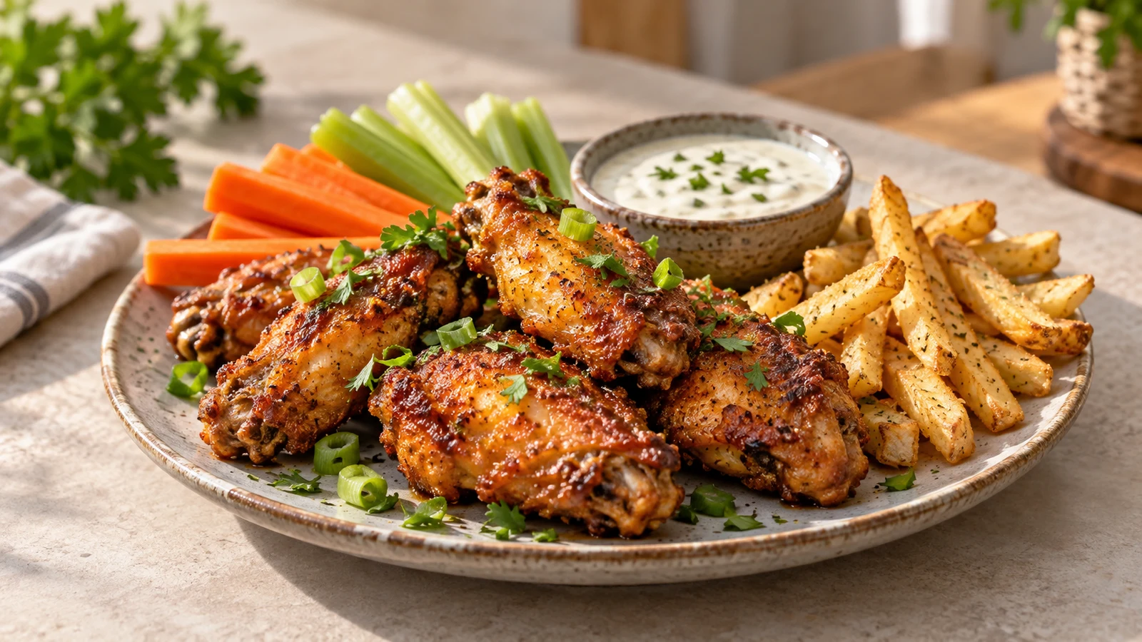 Air fryer chicken wings crispy served with scallions, parsley, celery, carrots, fries, and ranch dip.