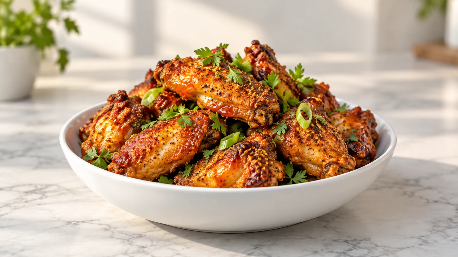 Air fryer chicken wings crispy and golden, glazed with hot sauce and topped with scallions and parsley.