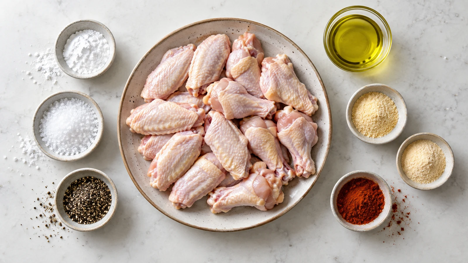 Ingredients for air fryer fried chicken wings arranged in bowls on a light surface.