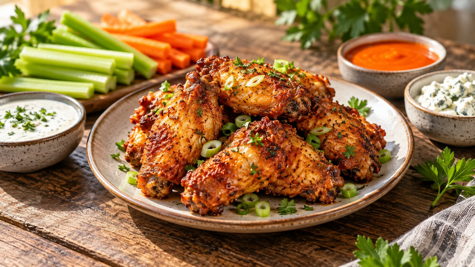 Air fryer fried chicken wings served with vegetables, creamy dips, and buffalo sauce.