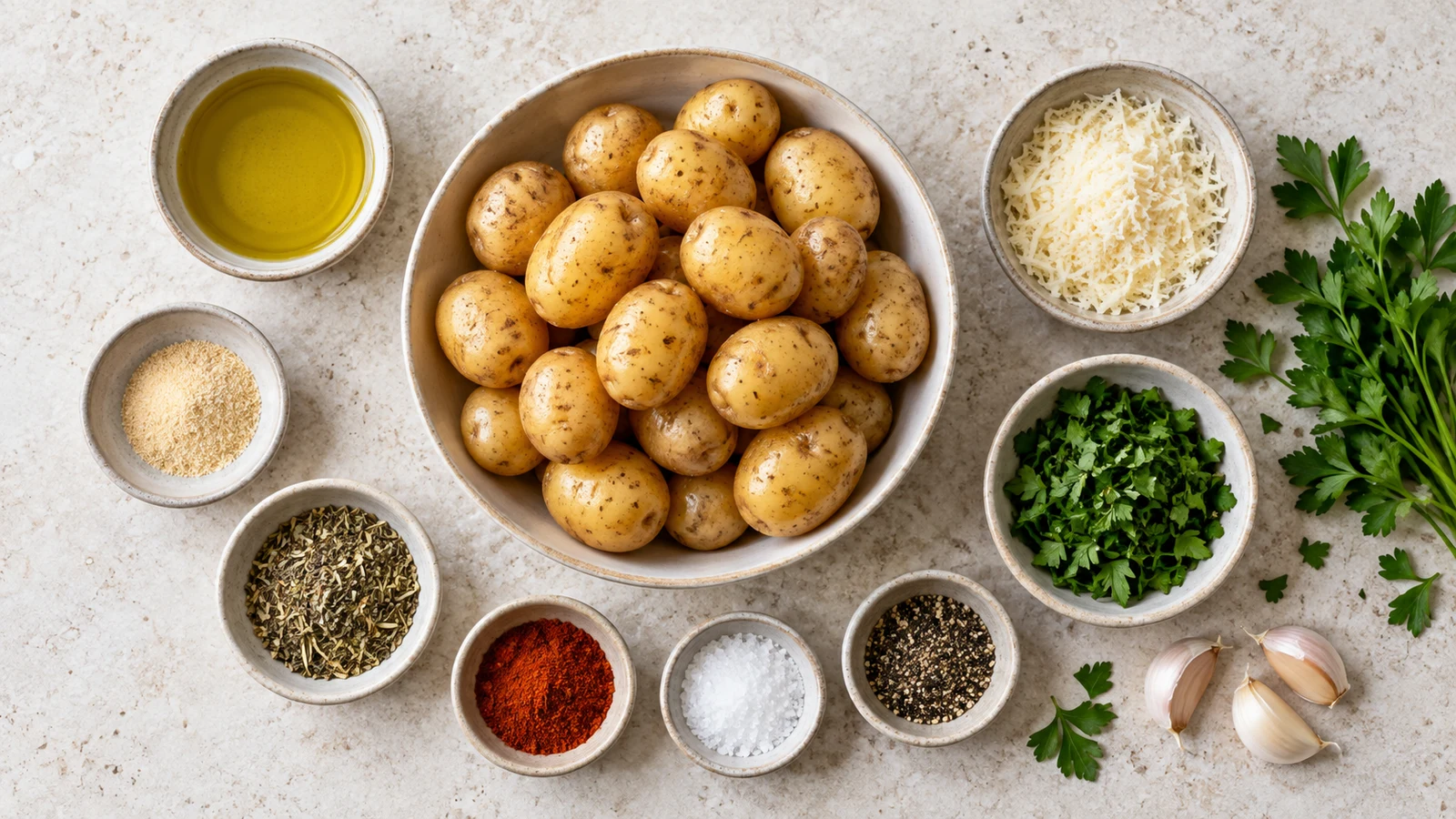 Air fryer roasted potatoes recipe: ingredients for Easy Air Fryer Roasted Potatoes arranged in a bright, organized flat lay.