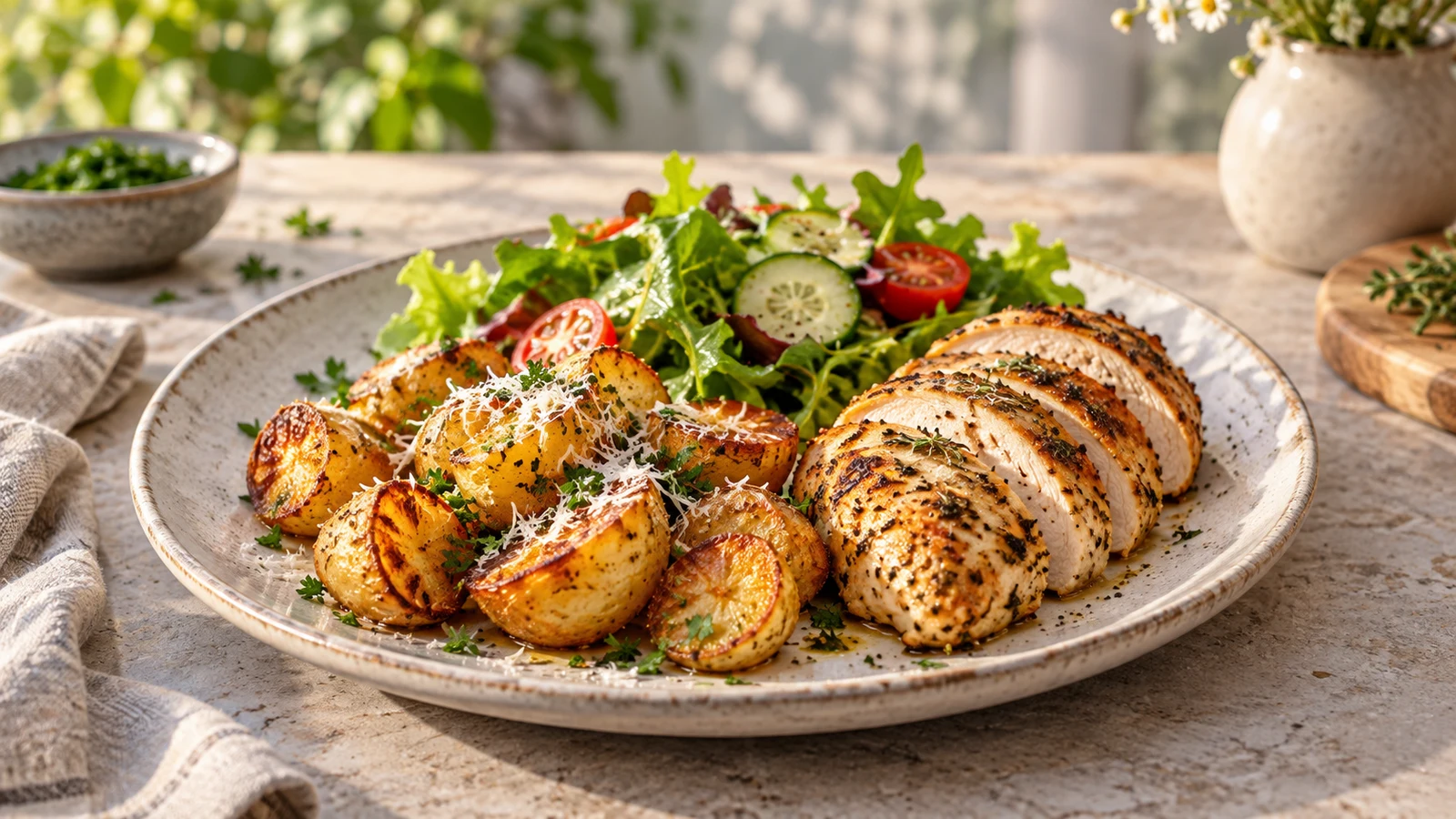 Easy Air Fryer Roasted Potatoes served with sliced roasted chicken and a simple green salad.
