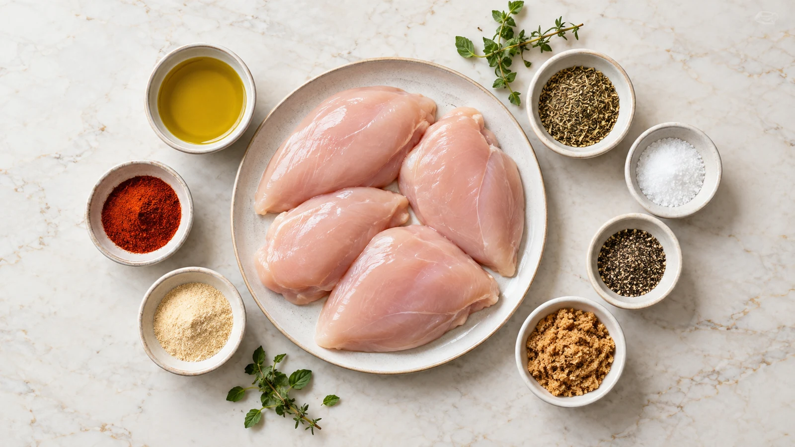 Ingredients for air frying chicken breast arranged with olive oil, seasonings, salt, pepper, and brown sugar.