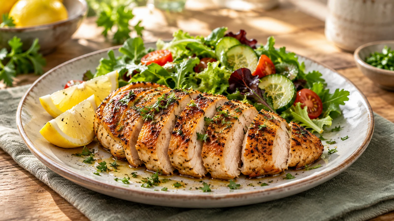 Air frying chicken breast served sliced with fresh parsley, lemon wedges, and a crisp green salad.