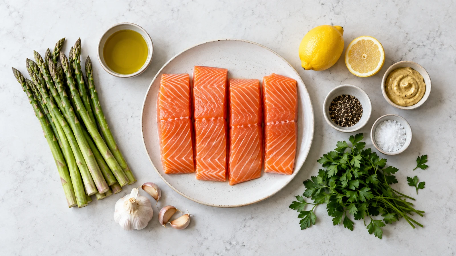Baked asparagus salmon recipe: baked asparagus salmon ingredients with salmon, asparagus, lemon, garlic, Dijon mustard and parsley.