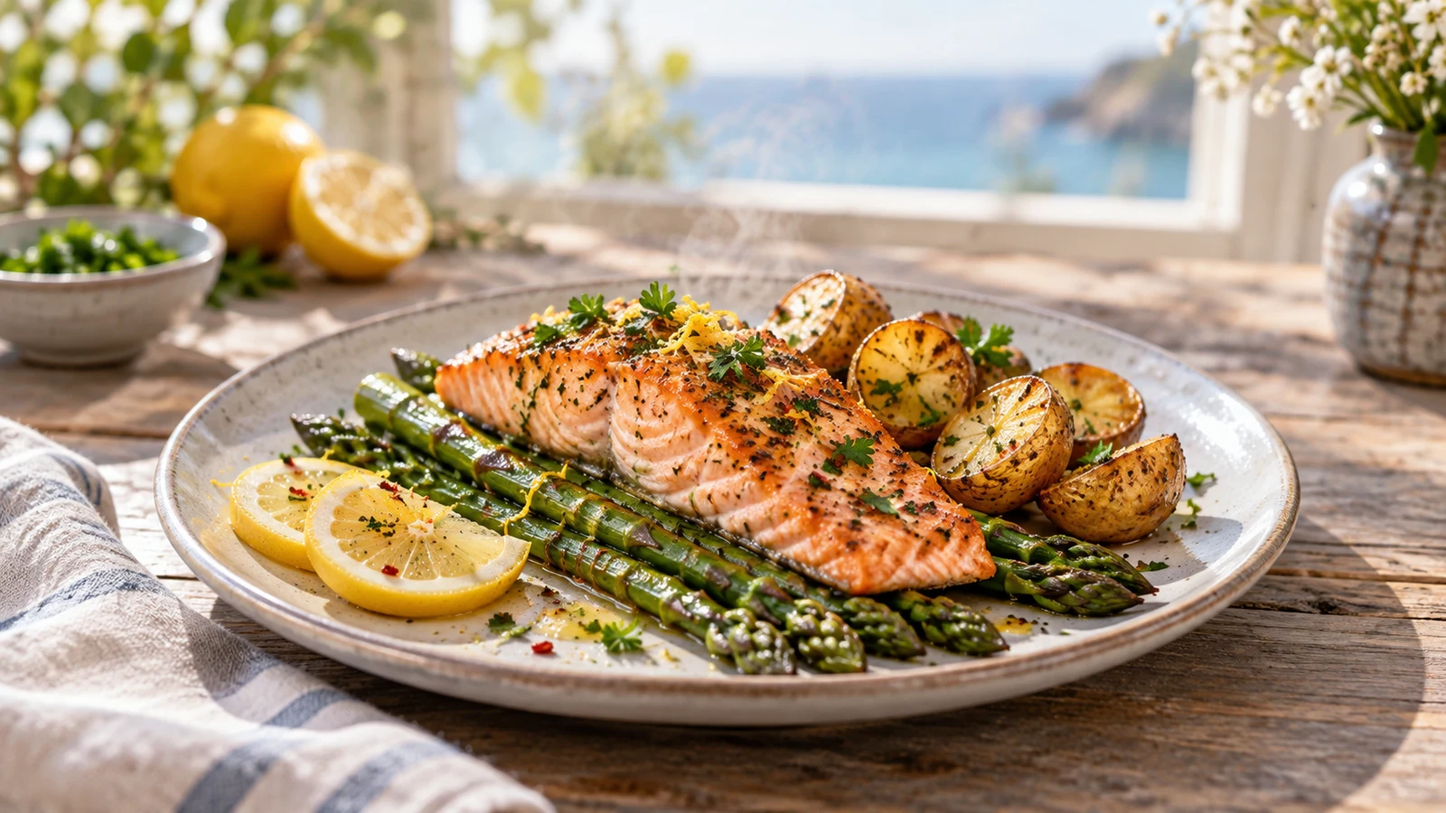 Baked asparagus salmon served with roasted baby potatoes, lemon slices, parsley and red-pepper flakes.