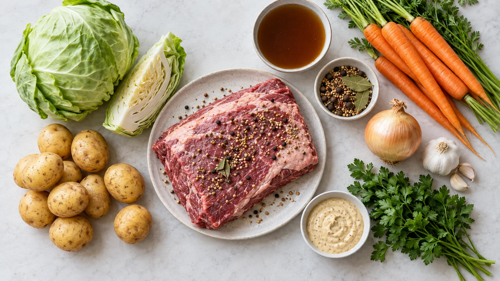 Baked corned beef and cabbage recipe: ingredients for baked corned beef and cabbage arranged in a bright, organized flat lay.
