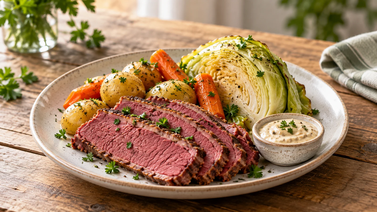 Baked corned beef and cabbage plated with vegetables, parsley and creamy horseradish mustard sauce.