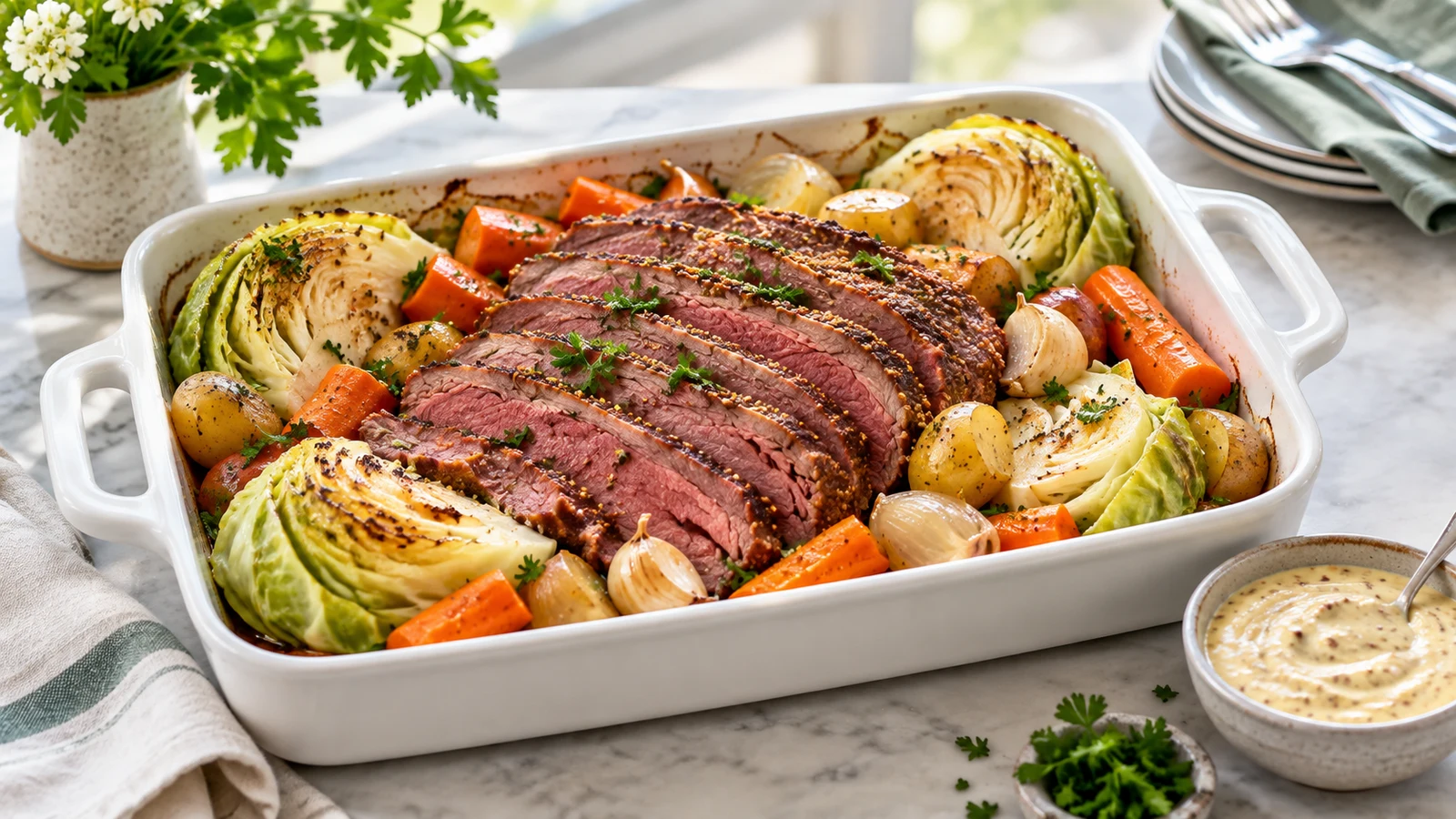 Baked corned beef and cabbage with potatoes, carrots, parsley and creamy horseradish mustard sauce.
