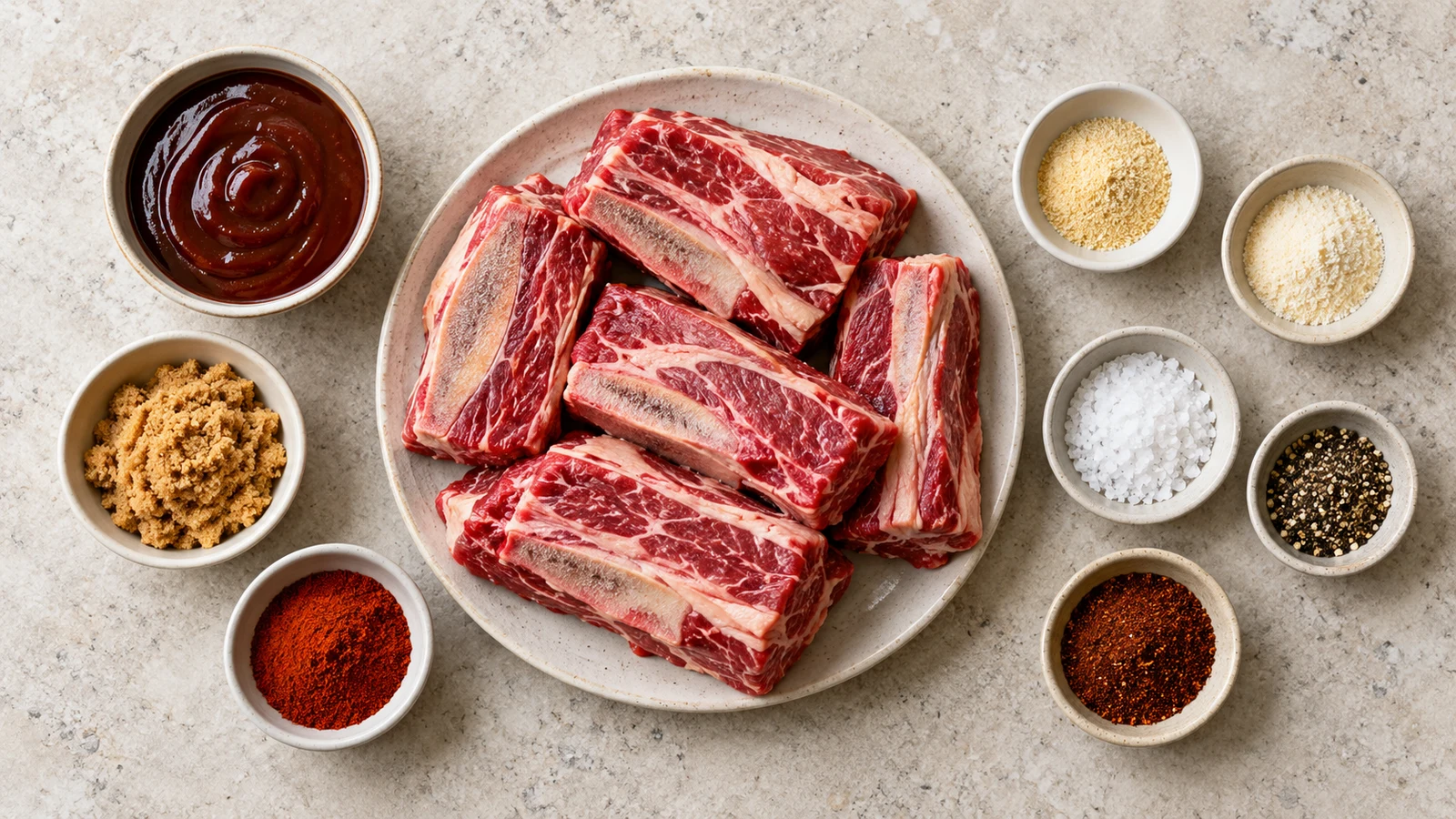 Bbq beef short ribs recipe: bBQ beef short ribs ingredients arranged with sauce, brown sugar, seasonings, and raw ribs.