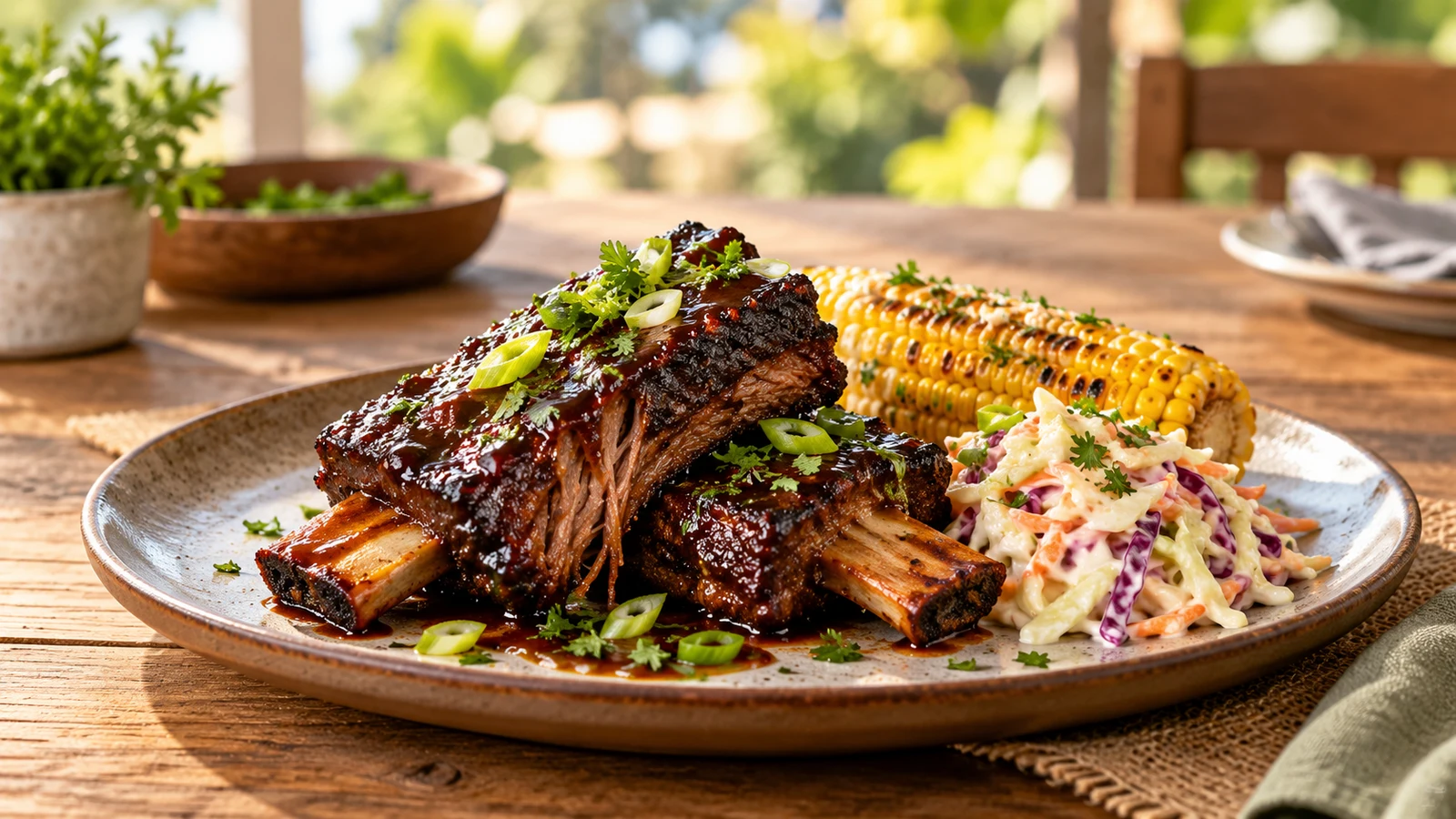 BBQ beef short ribs served with creamy coleslaw and corn, topped with parsley and scallions.