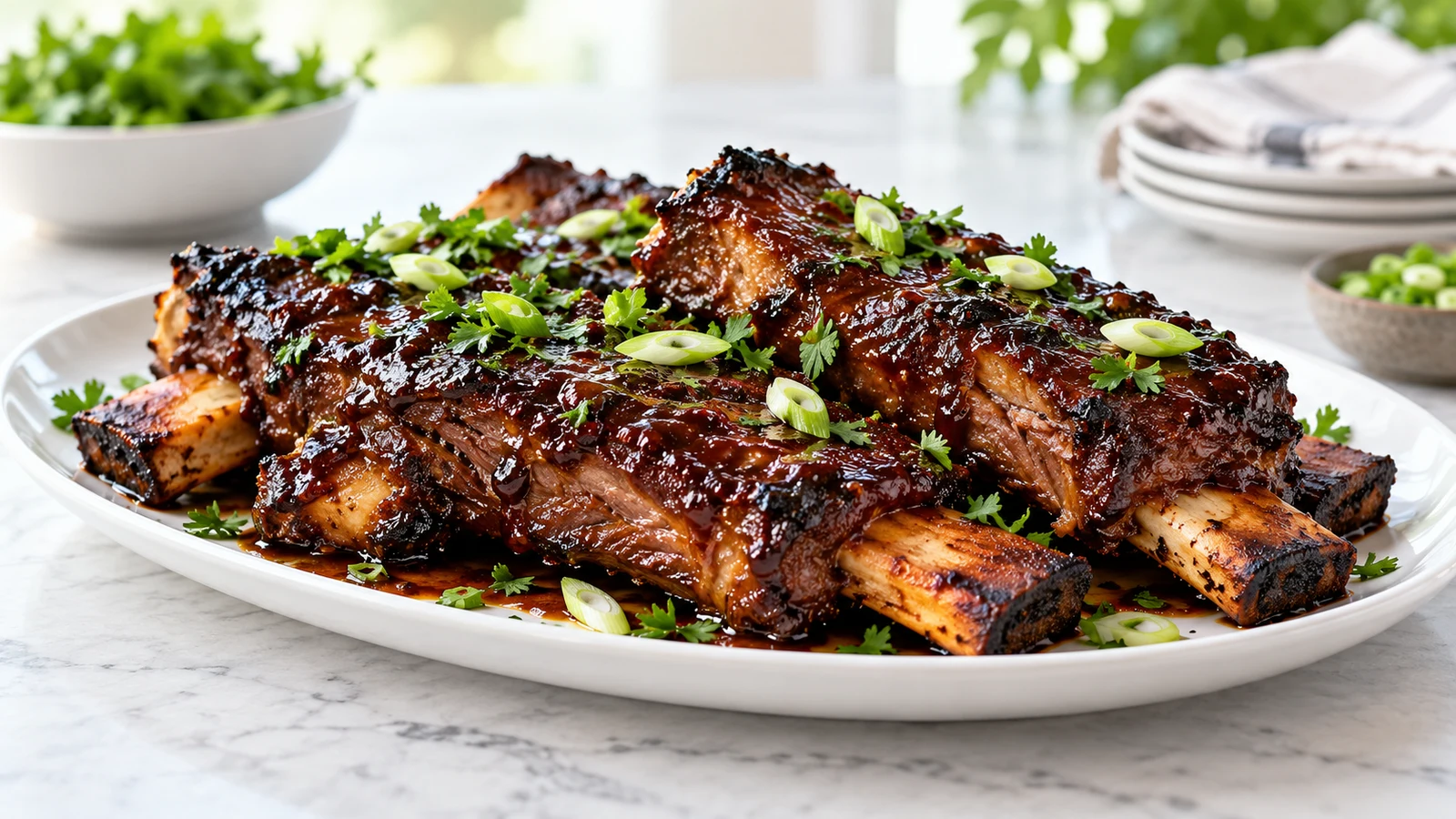 BBQ beef short ribs with a sticky caramelized glaze, parsley, and scallions on a white platter.