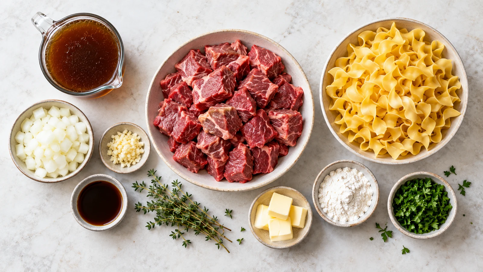 Beef and noodles recipe: ingredients for beef and noodles arranged in a bright, organized flat lay.