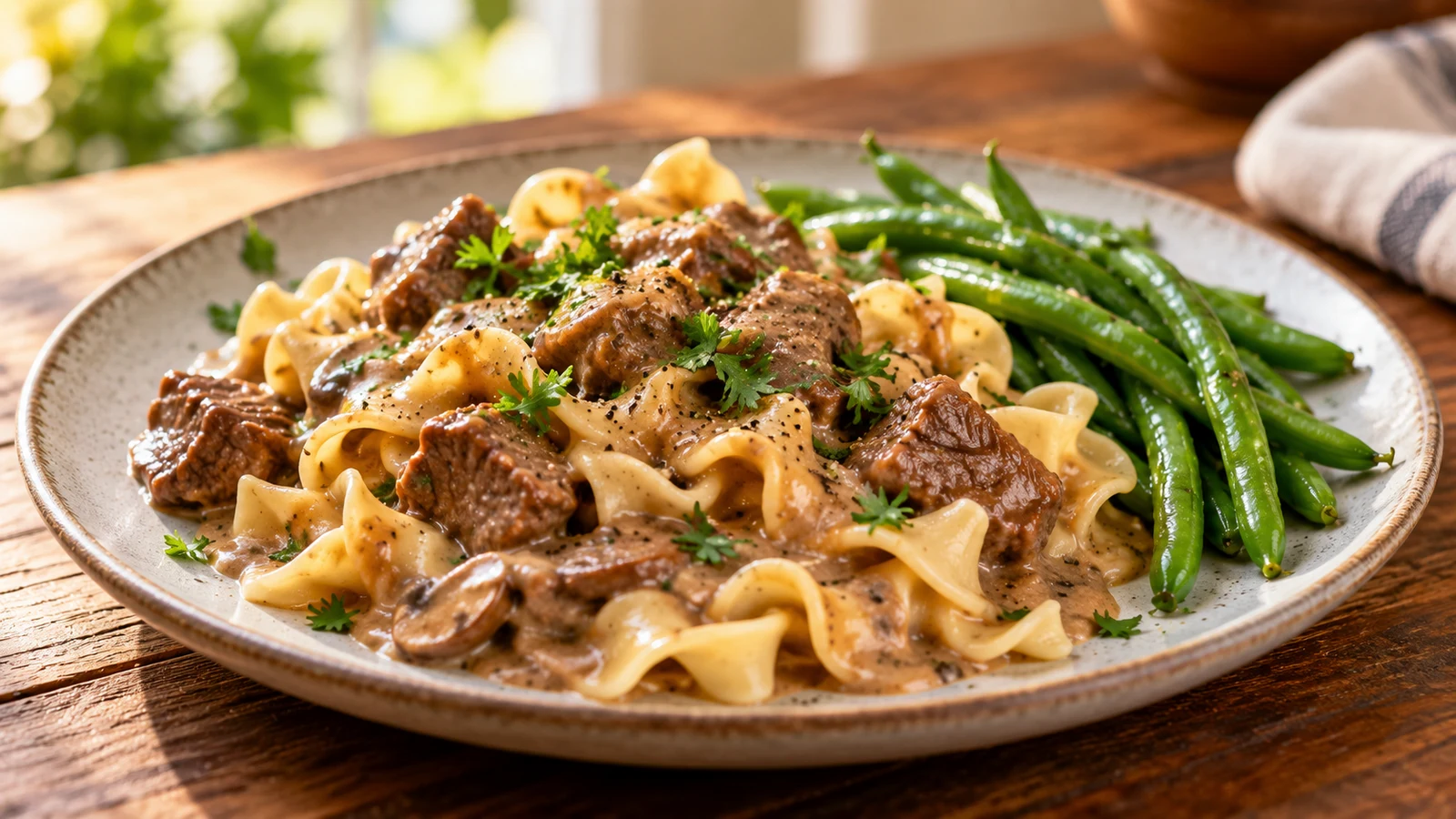 Beef and noodles served with parsley, cracked black pepper, and bright green beans.
