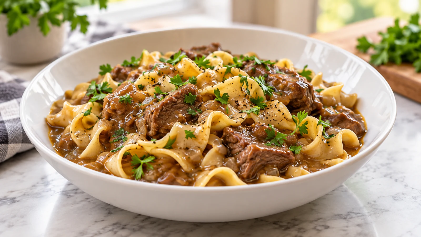 Cozy beef and noodles with tender beef, wide egg noodles, rich gravy, parsley, and black pepper.