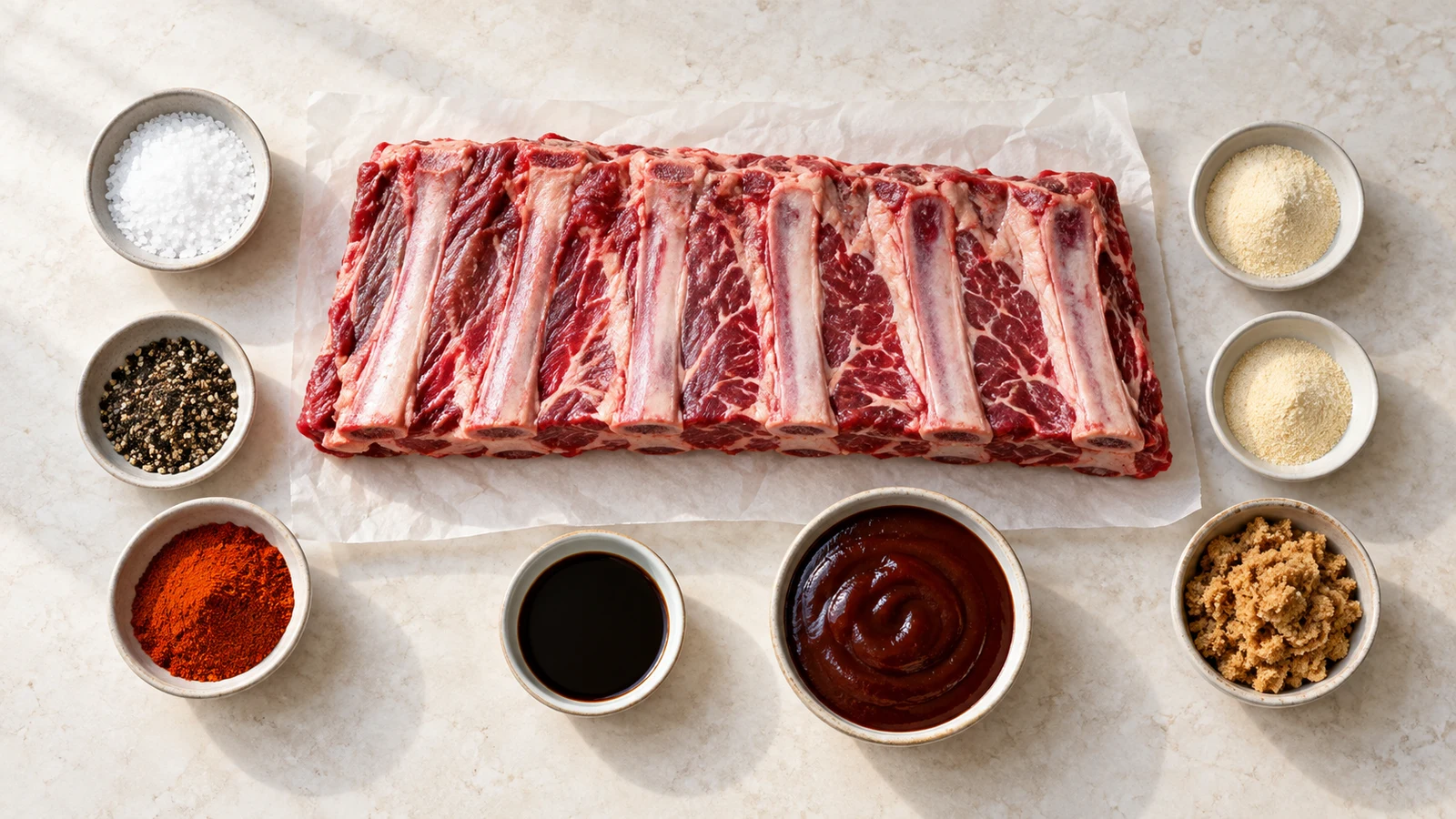 Beef back ribs recipe: beef back ribs ingredients arranged with spices, brown sugar, Worcestershire sauce and barbecue sauce.