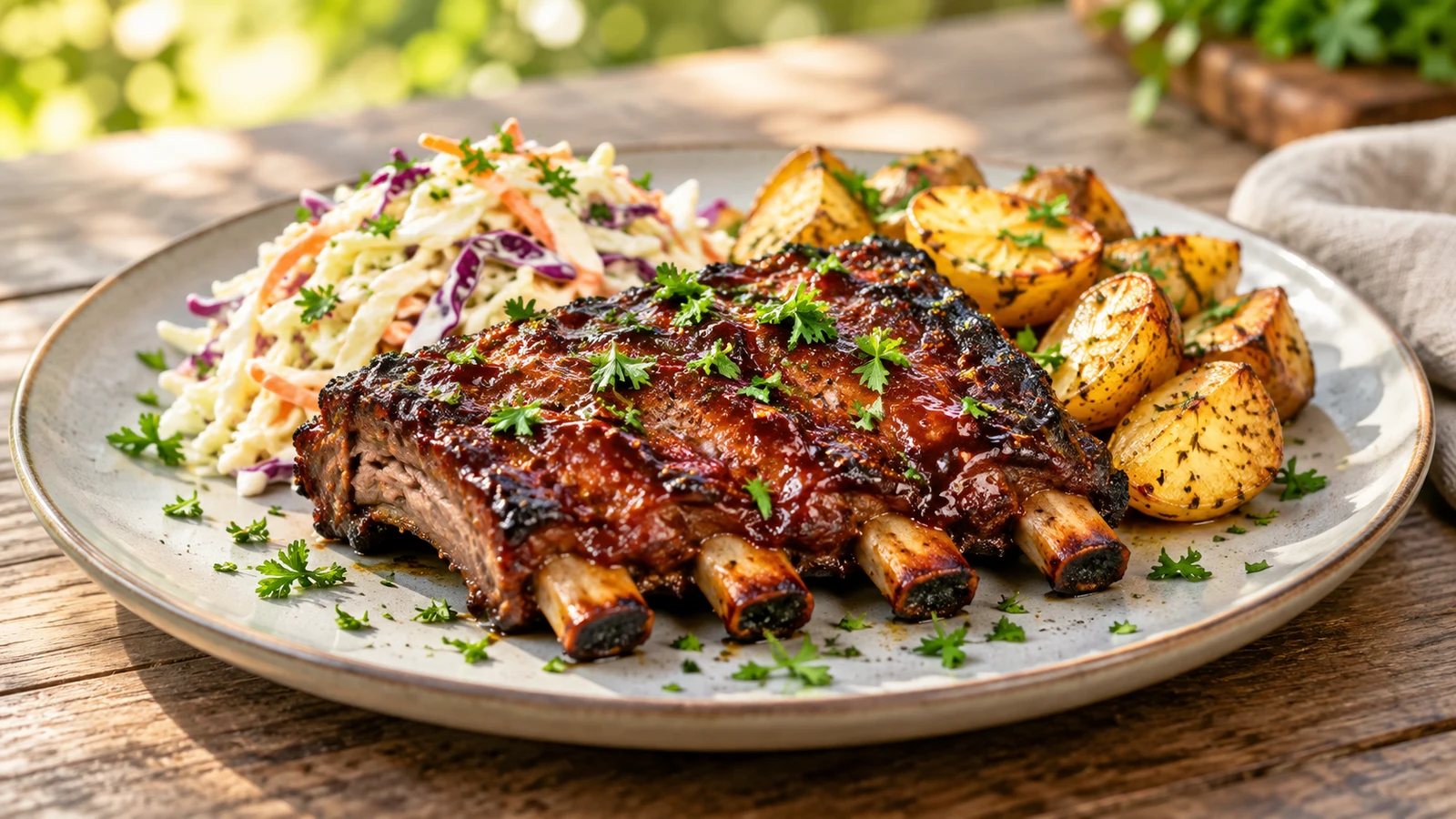 Beef back ribs served with fresh parsley, creamy coleslaw and golden roasted potatoes.