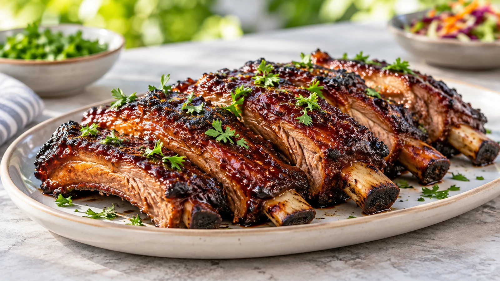 Beef back ribs with caramelized barbecue glaze and fresh parsley on a modern serving platter.