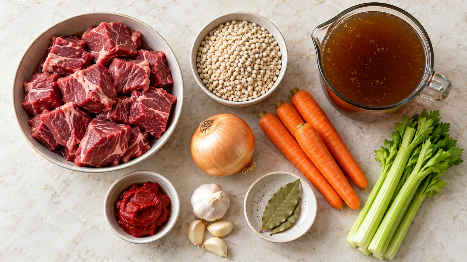 Beef barley soup crock pot recipe: ingredients for beef barley soup crock pot arranged neatly in a bright flat lay.