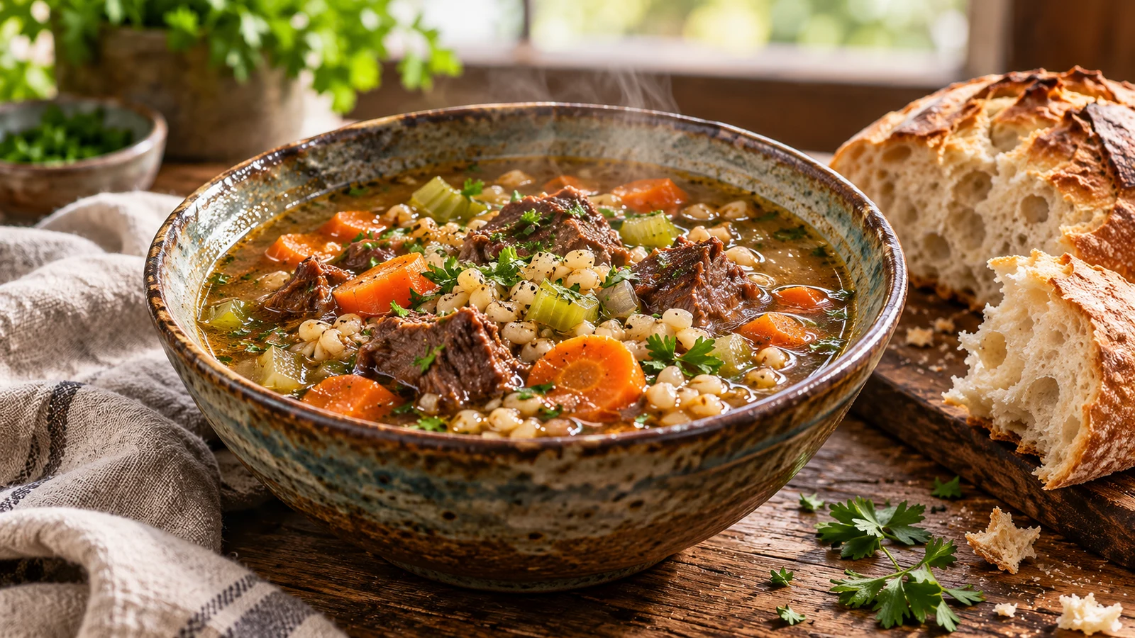 Beef barley soup crock pot served with chopped parsley and crusty bread.