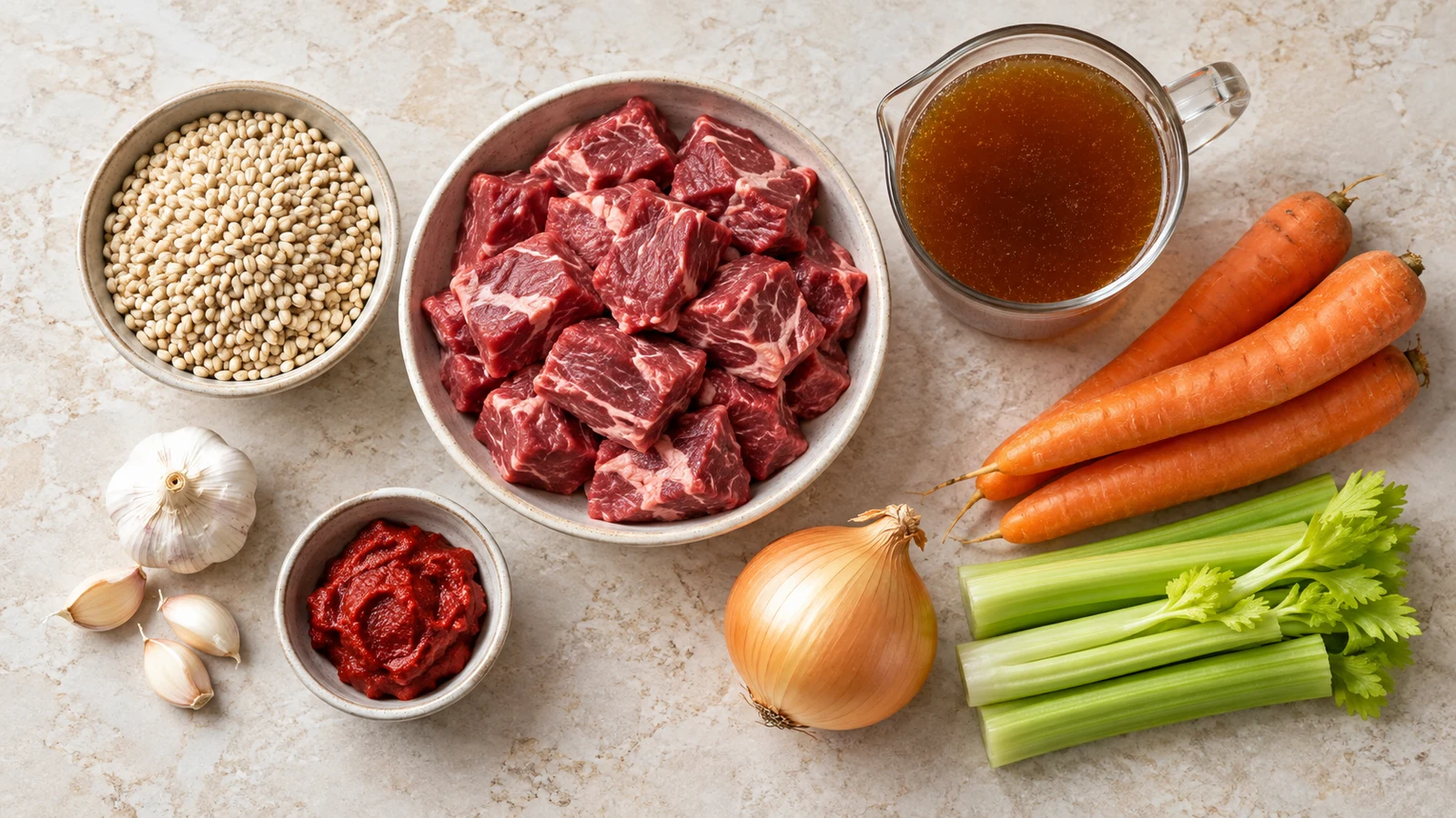 Beef barley soup recipe: ingredients for beef barley soup, including beef chuck, pearl barley, broth, vegetables, garlic, and tomato paste.
