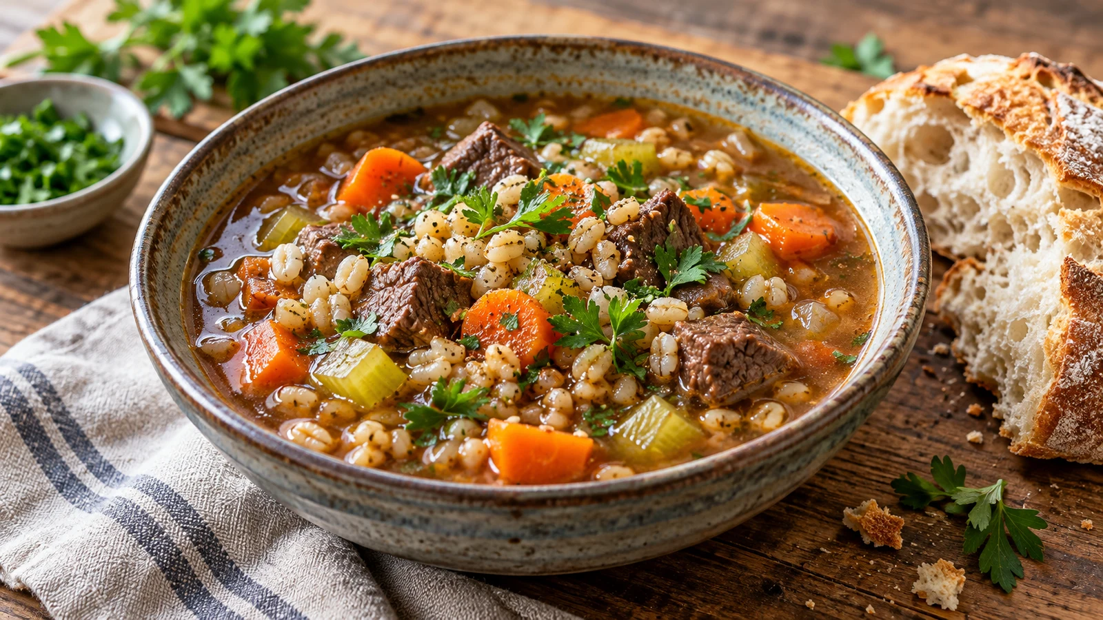 Beef barley soup served with chopped parsley and rustic crusty bread in bright natural light.