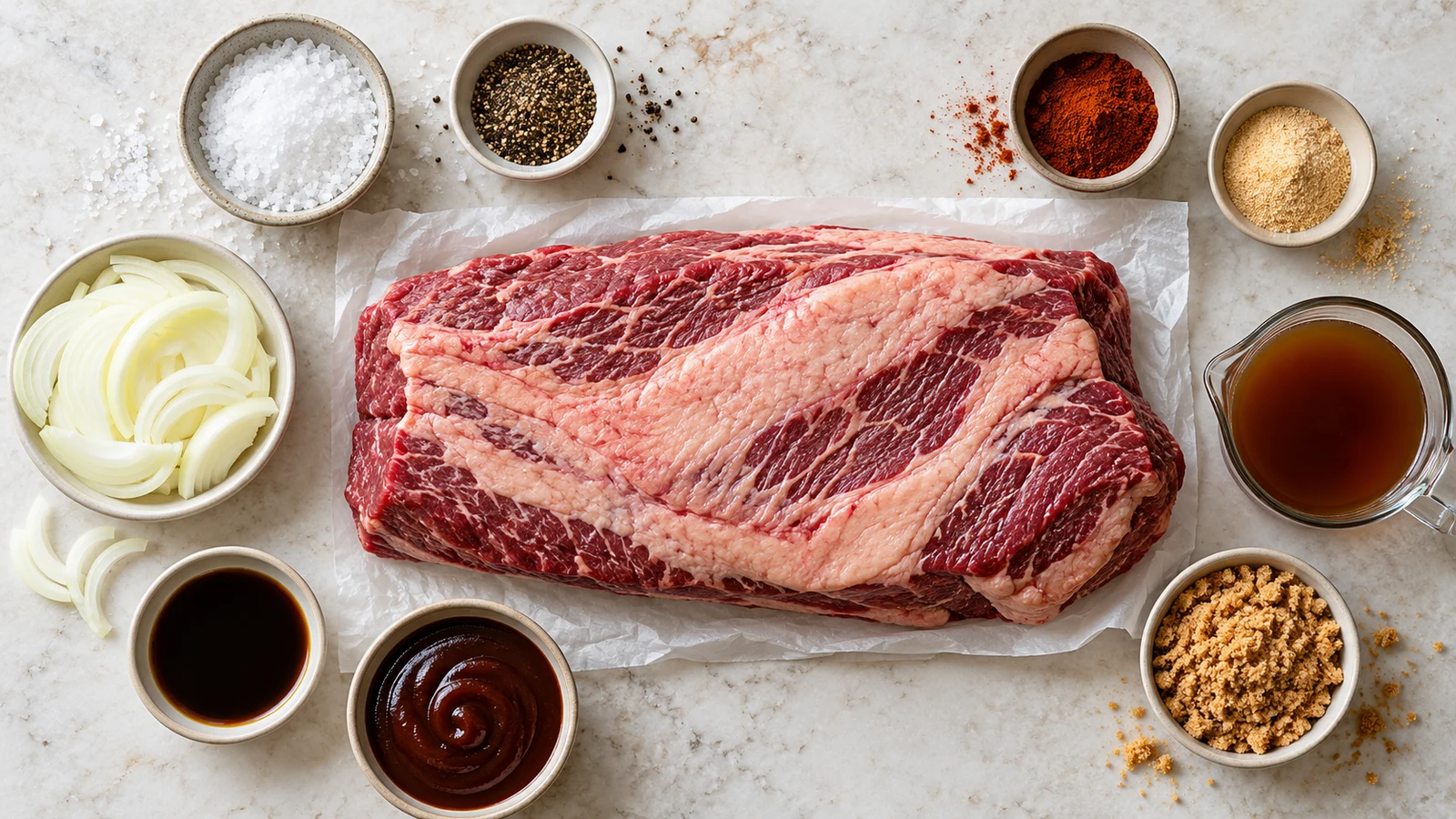 Beef brisket instant pot recipe: beef brisket instant pot ingredients arranged in a bright, organized flat lay.