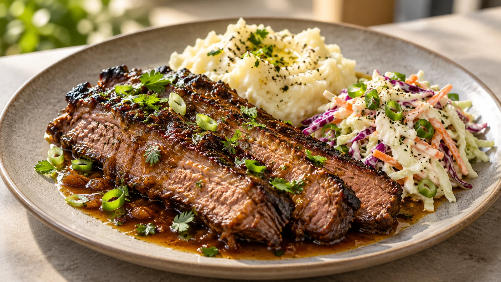Beef brisket instant pot served with mashed potatoes, crisp coleslaw, parsley, and green onions.