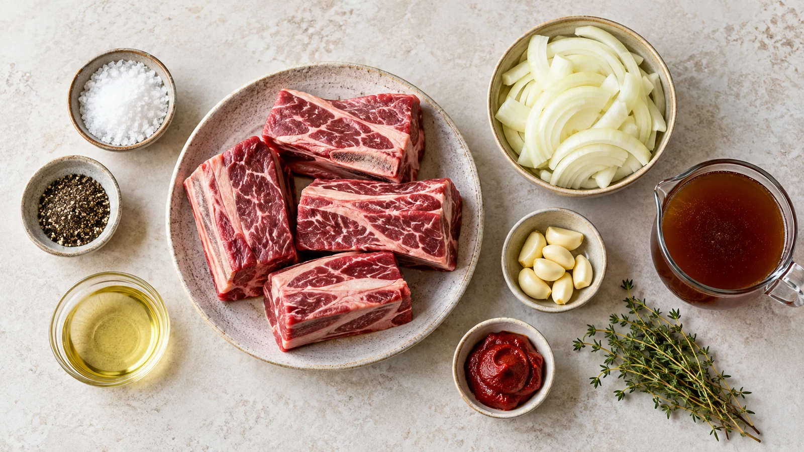 Beef chuck short ribs recipe: beef chuck short ribs ingredients arranged in a bright, organized flat lay.