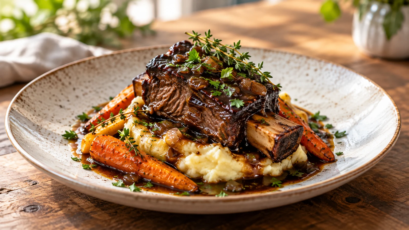 Beef chuck short ribs served with mashed potatoes, roasted carrots, herbs, and jus.