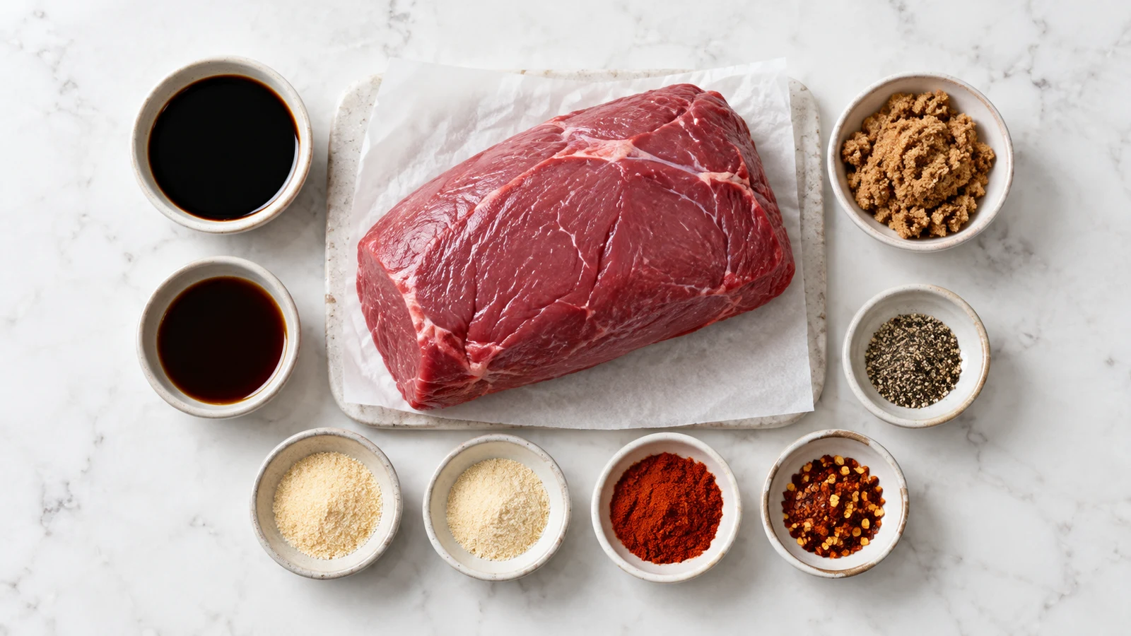 Beef jerky in dehydrator recipes: beef jerky in dehydrator ingredients arranged in bowls on a bright, clean surface.