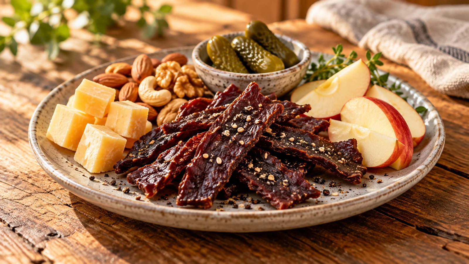 Beef jerky in dehydrator served with cheese, nuts, pickles, and fresh apple slices.