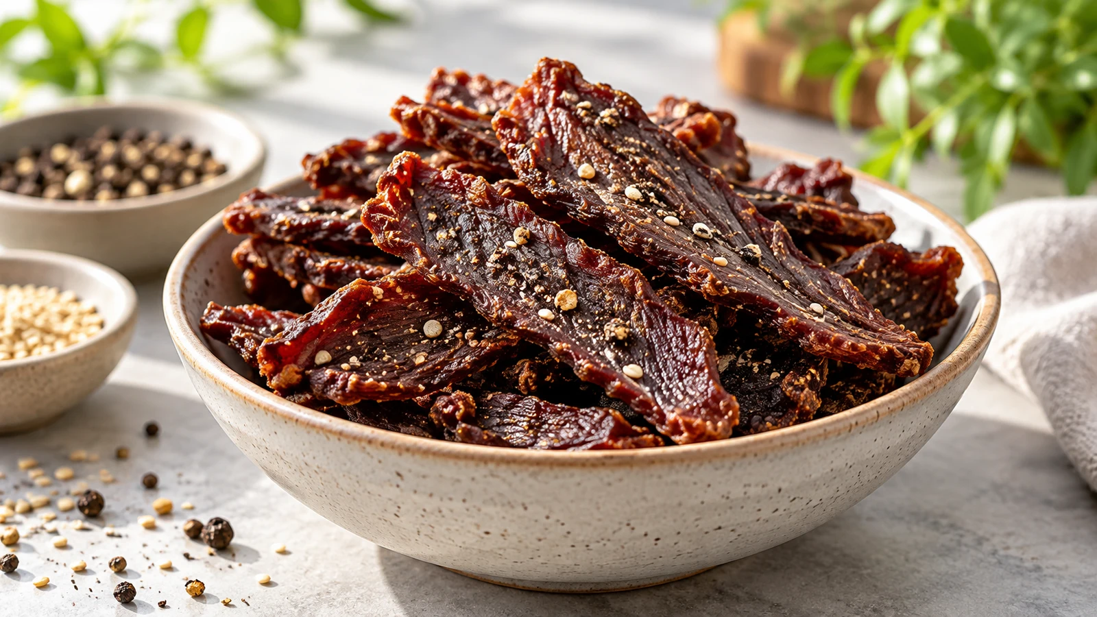 Beef jerky in dehydrator, dark chewy strips topped with cracked black pepper and sesame seeds.