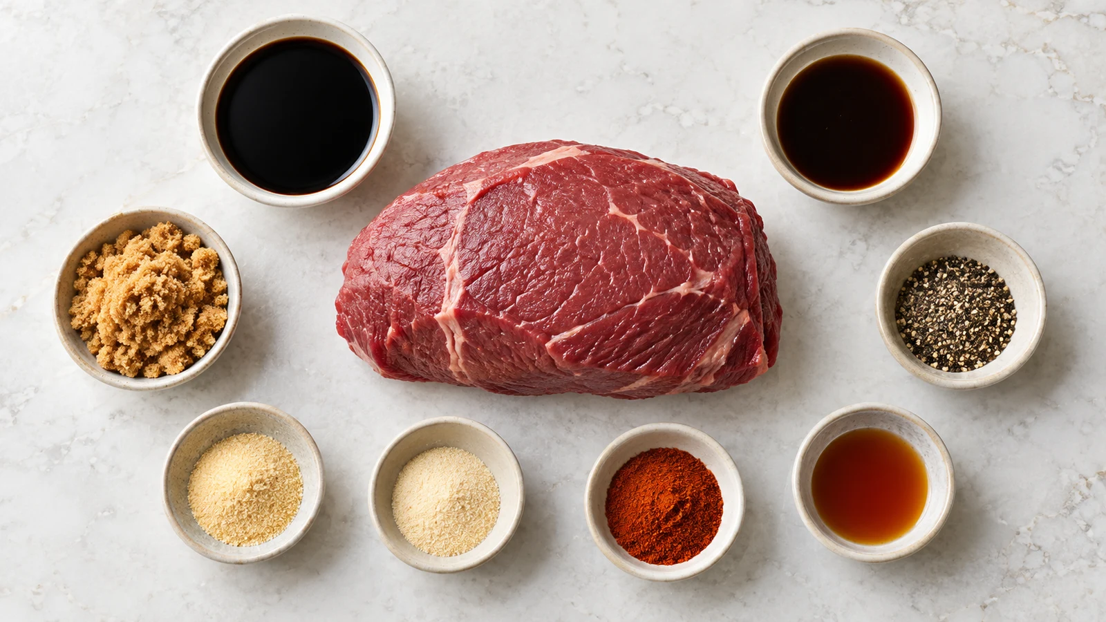 Beef jerky marinade recipe: beef jerky marinade ingredients arranged in bowls with lean beef, sauces, sugar, and spices.