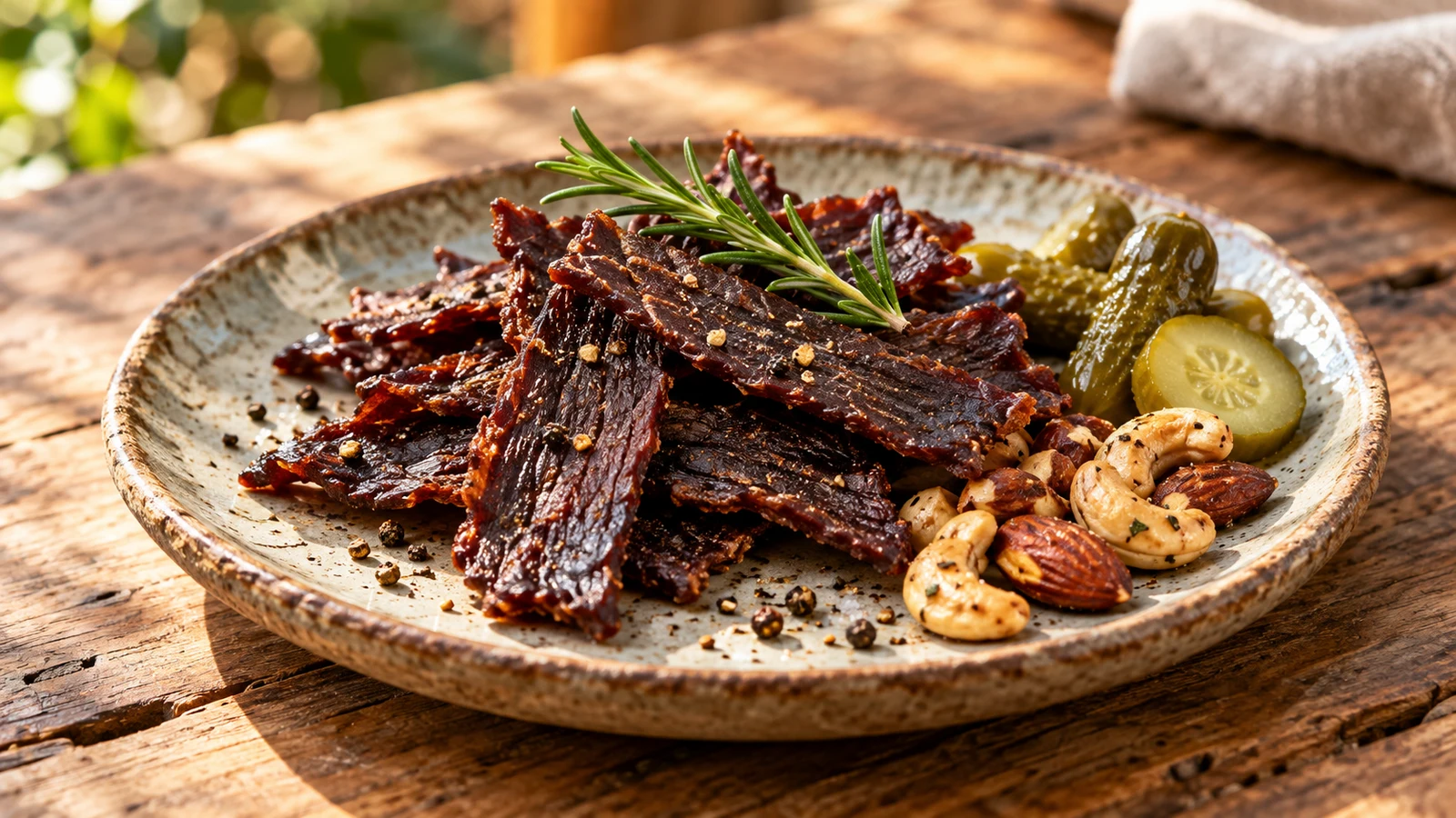 Beef jerky marinade served with cracked black pepper, rosemary, pickles, and roasted nuts.