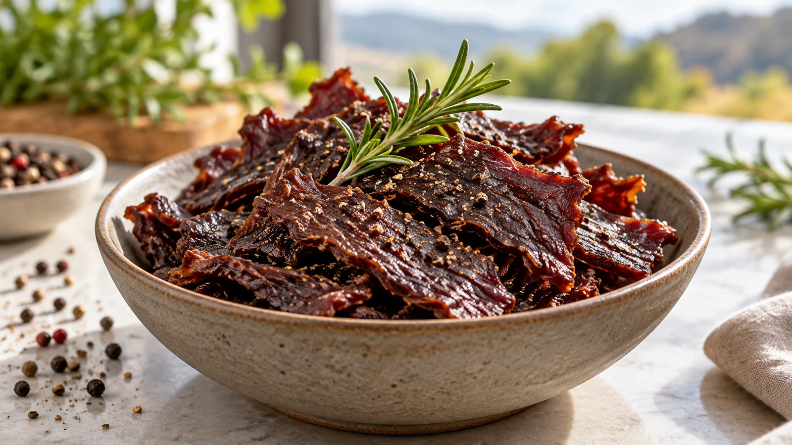 Beef jerky marinade strips with cracked black pepper and rosemary in a ceramic bowl.