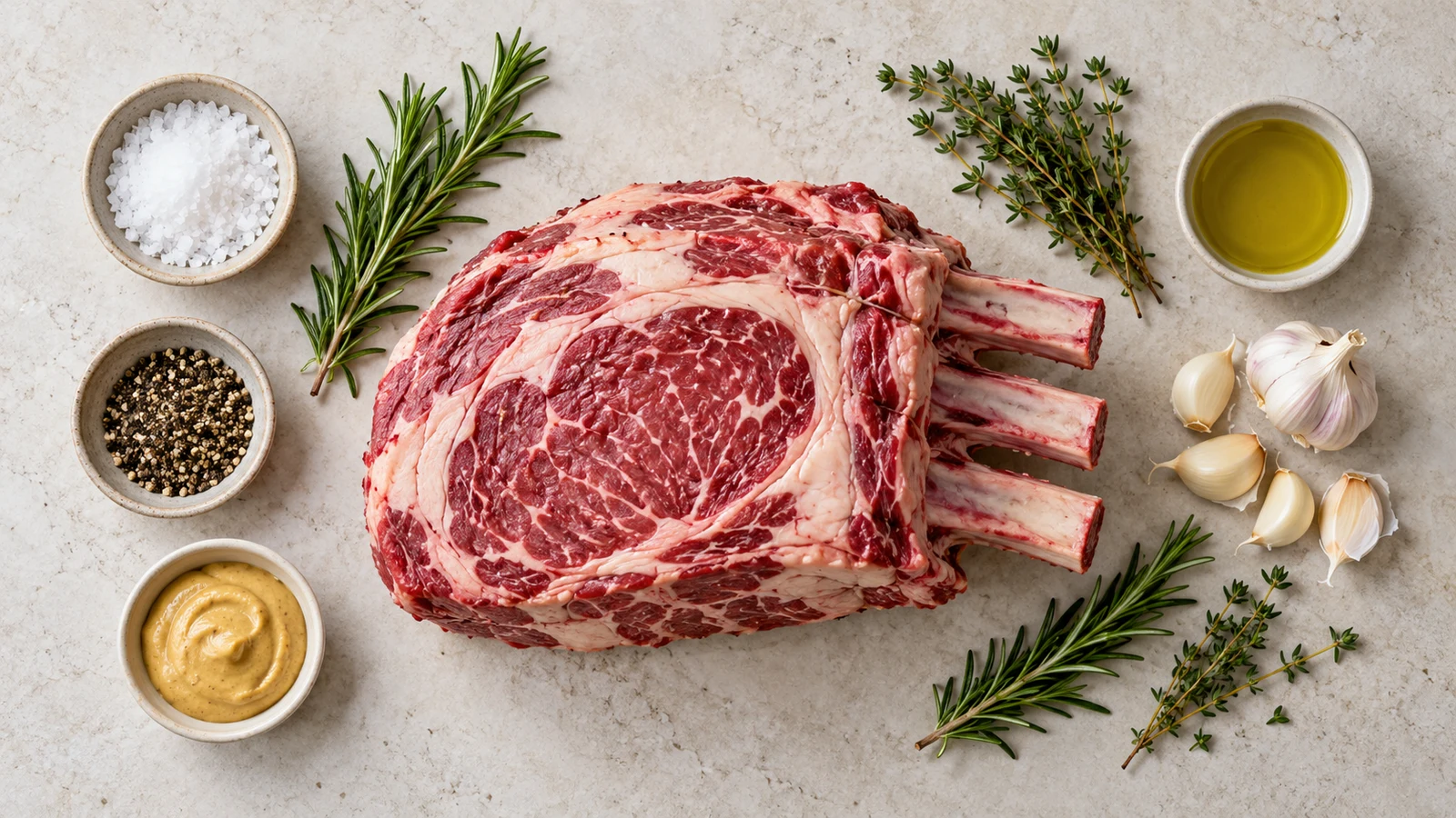 Beef rib roast bone in recipe: beef rib roast bone in ingredients with garlic, Dijon mustard, rosemary, thyme, salt, pepper, and olive oil.