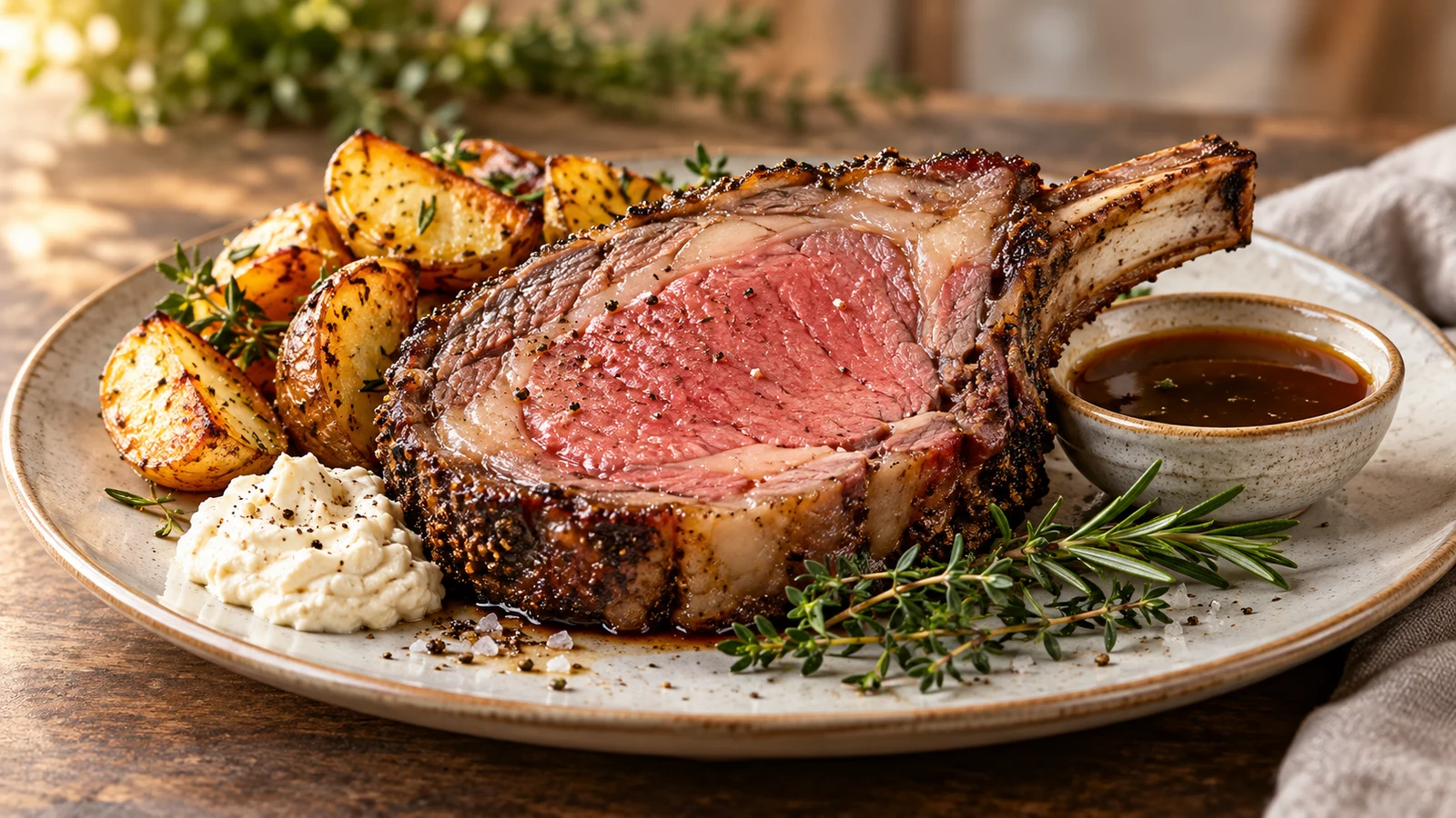 Beef rib roast bone in served with crispy roasted potatoes, horseradish cream, au jus, and fresh herbs.
