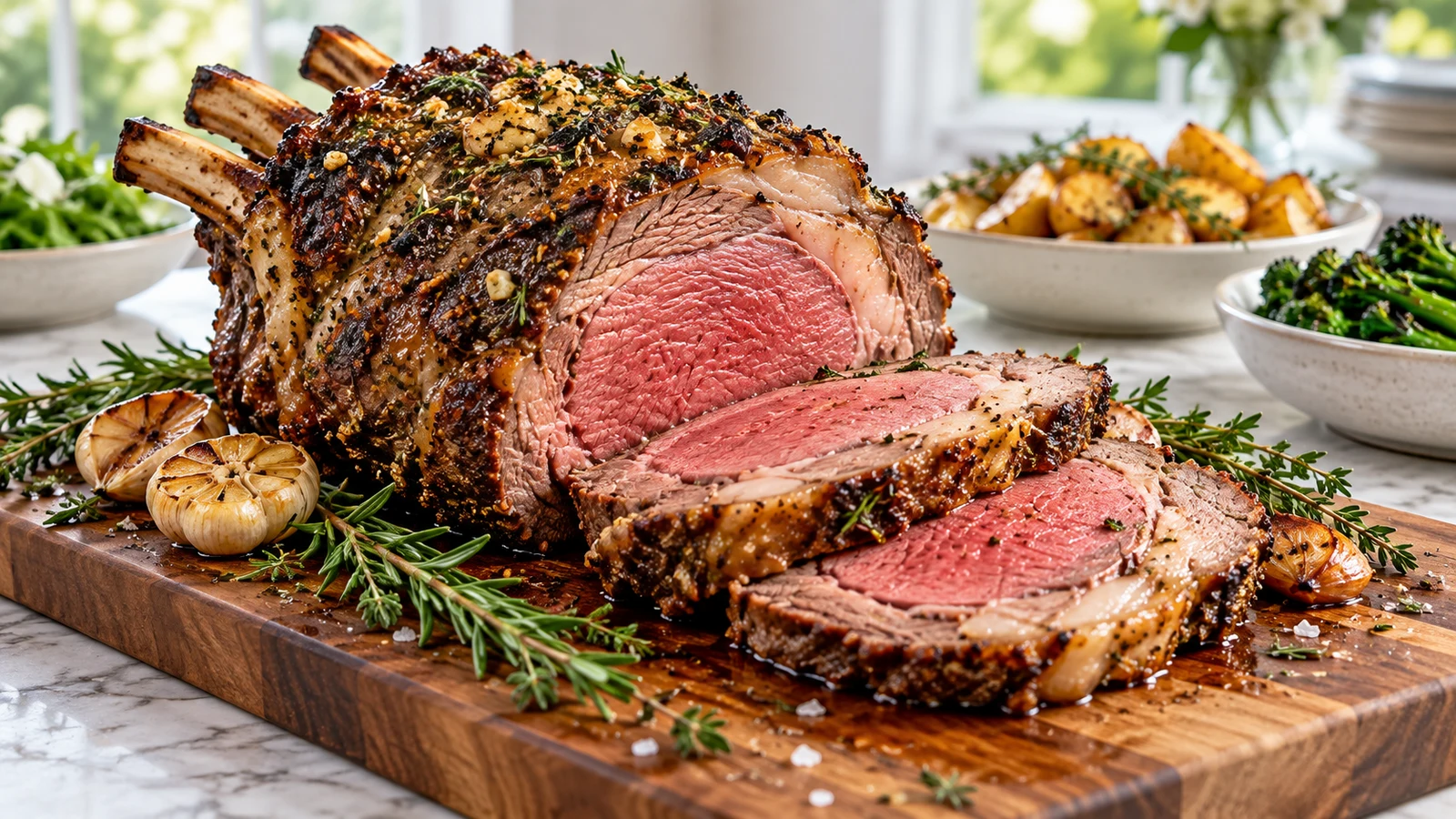 Beef rib roast bone in with a browned garlic-herb crust, rosy slices, rosemary, thyme, and savory au jus.